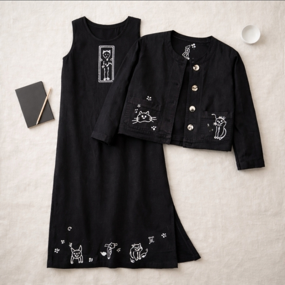 Vintage CITE Hand-Painted Cat Artwear Maxi Dress + Jacket Set | Made USA | S